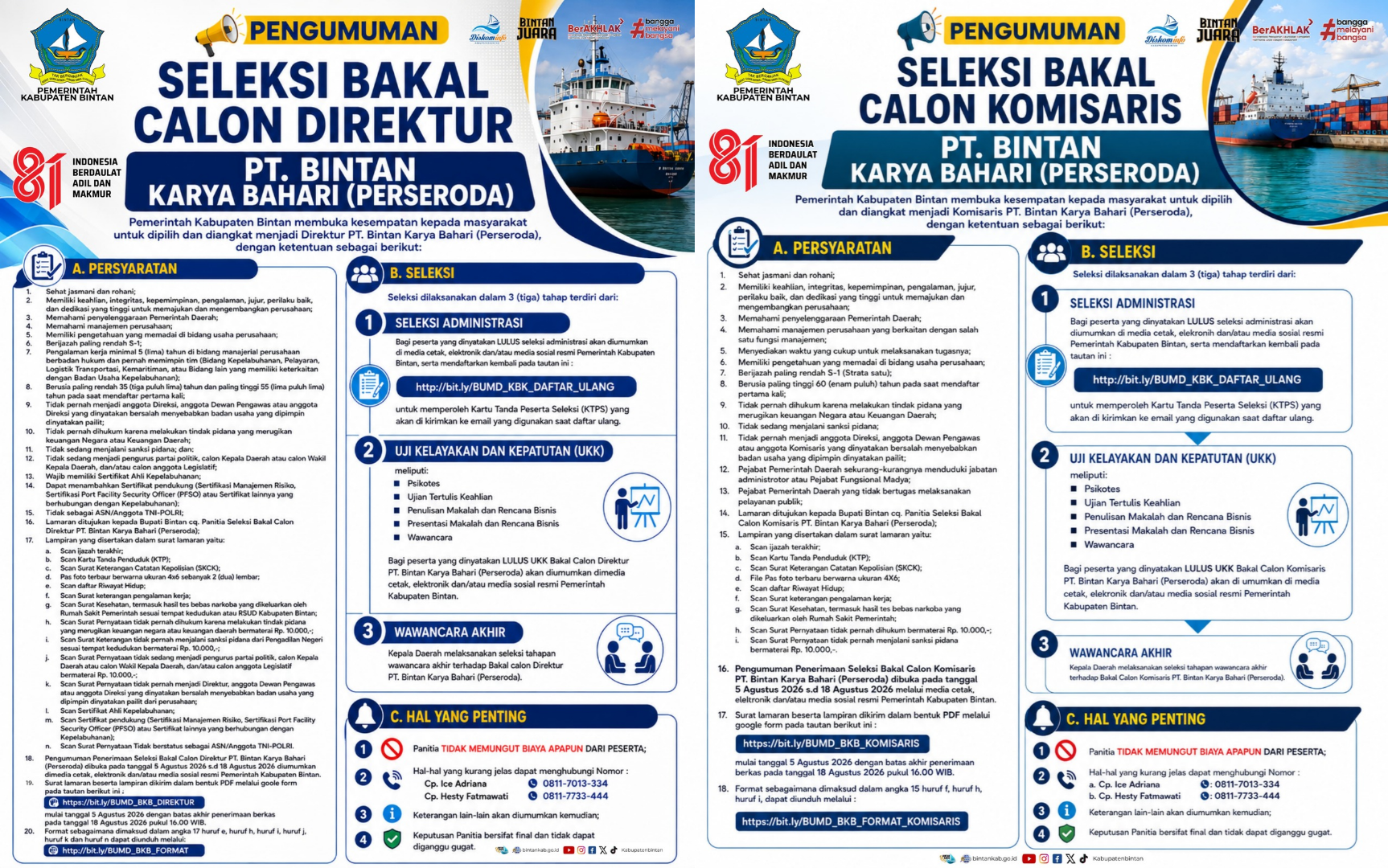 Pemkab Bintan Buka Seleksi Bakal Calon Komisaris dan Direktur BUMD PT. Bintan Karya Bahari (Perseroda)
