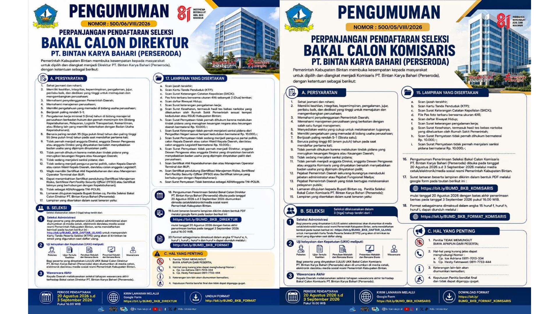 Seleksi Bakal Calon Komisaris dan Direktur BUMD PT. Bintan Karya Bahari (Perseroda) Diperpanjang Hingga Awal September